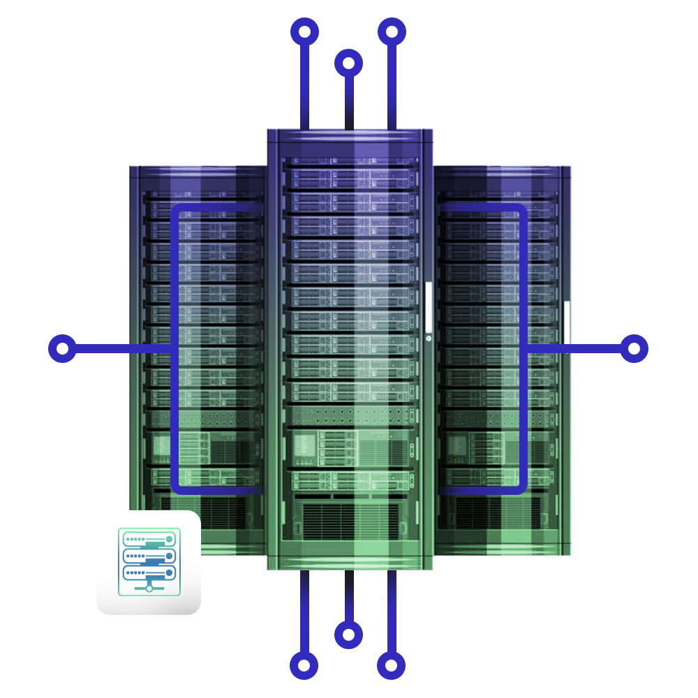 3 server racks with connection lines